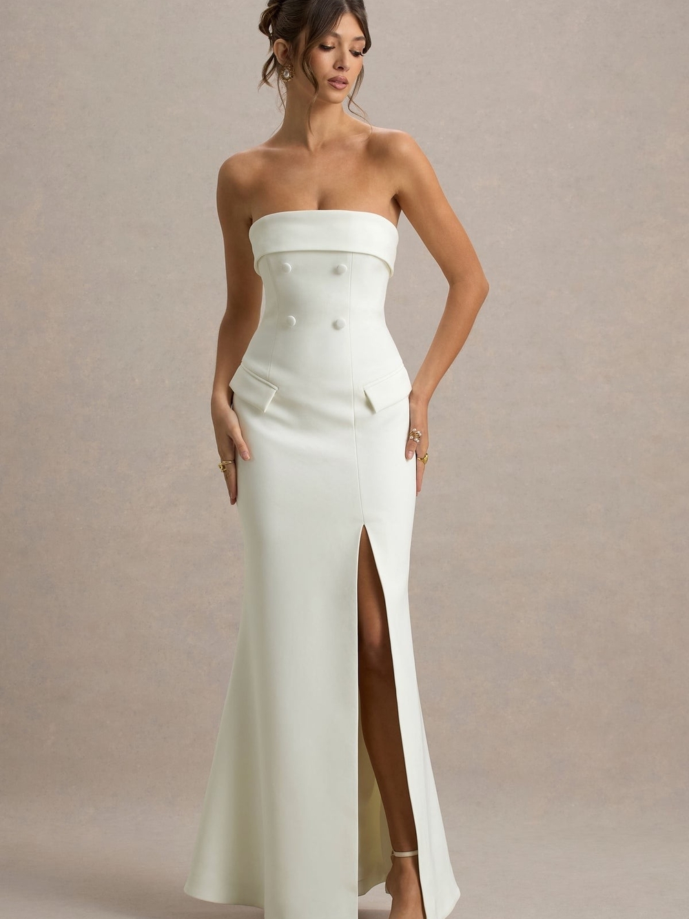 Strapless Cream Column Dress with Front Slit